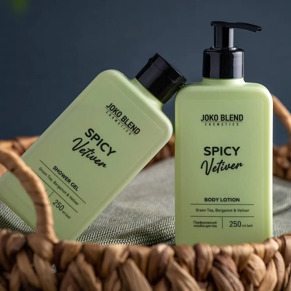 Парфумовані лосьйон і гель для душу Joko Blend Spicy Vetiver у стильному плетеному кошику